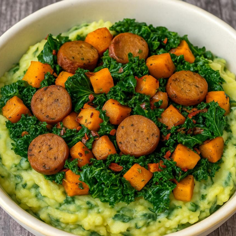 Grünkohl/Kürbis mit Kartoffelbrei Tofu-Bratwurst